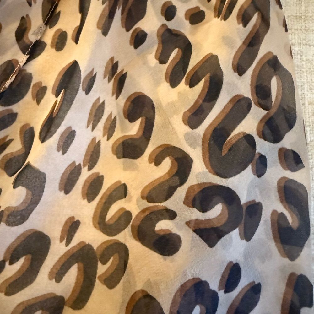 Long oblong silk scarf/wrap in Tan & Brown Print. - Picture 3 of 4